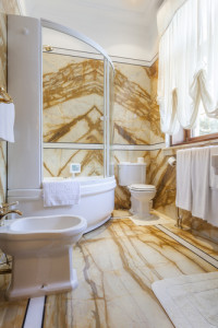 Interior of a luxury bathroom with marble walls